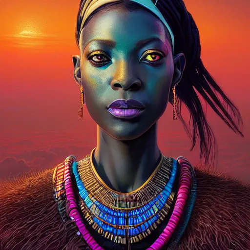 Image similar to highly detailed portrait of an african neon egyptian goddess, intricate alien technology, stephen bliss, unreal engine, fantasy art by greg rutkowski, loish, rhads, ferdinand knab, makoto shinkai and lois van baarle, ilya kuvshinov, rossdraws, tom bagshaw, global illumination, radiant light, detailed and intricate environment