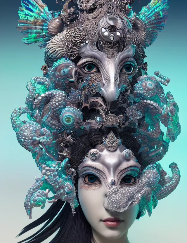 Image similar to 3 d goddess close - up 3 / 4 portrait with ram skull. beautiful intricately detailed japanese crow kitsune mask and clasical japanese kimono. betta fish, jellyfish phoenix, bio luminescent, plasma, ice, water, wind, creature, artwork by tooth wu and wlop and beeple and greg rutkowski