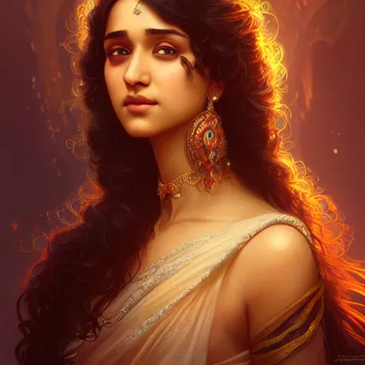 Image similar to beautiful young teen shraddha kapoor, closeup, d & d, fantasy, intricate, elegant, highly detailed, digital painting, artstation, concept art, matte, sharp focus, illustration, art by artgerm and greg rutkowski and alphonse mucha