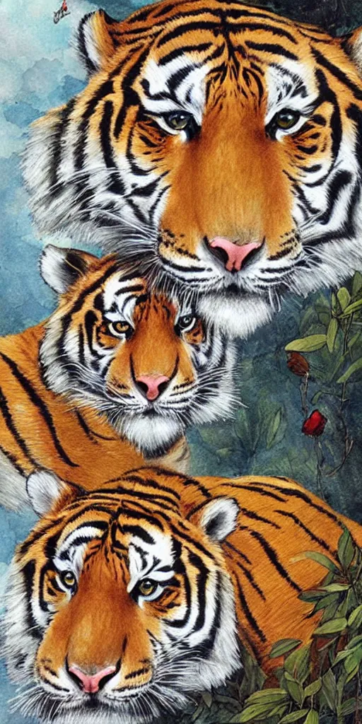 Image similar to sticker sheet, love, 2 beautiful siberian tigers, by tran nguyen, warm colors, cozy