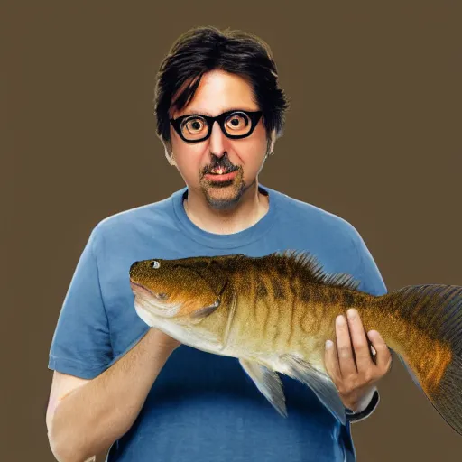 Prompt: ! dream photo still of ray romano with glasses, in front of an aquarium, holding a catfish, octane render, realism