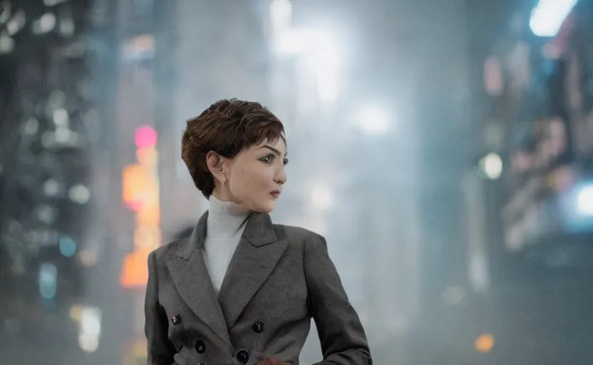 Image similar to a wide shot of a woman with a wool suit, very short hair, blurred face, wearing an omega speedmaster on her wrist in front of a crowded dystopian city full of people walking at night with fog and cyberpunk lights