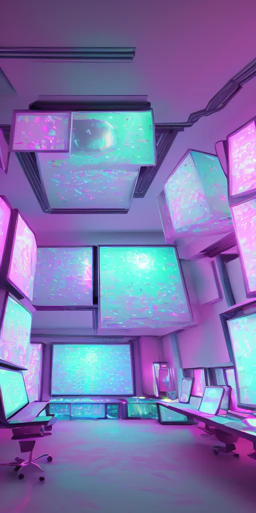 Image similar to a photorealistic futuristic 3D room with four walls covered with rainbow glowing CRT computer monitors with snowy screens embedded into the wall, Trending on artstation, cinematic lighting from the right, hyper realism, octane render, 8k, depth of field, 3D