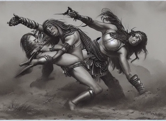 Image similar to Battlefield, two aztec warrior females fight, epic ,old photo, vintage, black and white, Boris vallejo, sepia