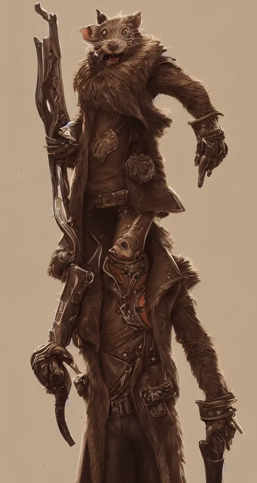 Prompt: a highly detailed illustration of a rat wearing a long coat holding a wooden shotgun, dramatic standing, intricate, elegant, highly detailed, centered, digital painting, artstation, concept art, smooth, sharp focus, league of legends concept art, wlop