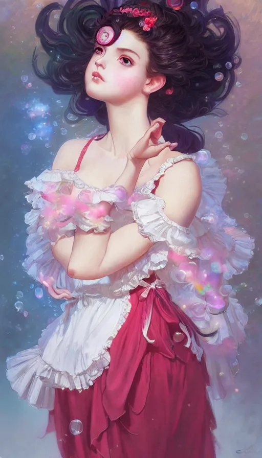 Image similar to portrait of magical lolita girl, dreamy and ethereal, RED eyes, peaceful expression, ornate frilly dress, fantasy, intricate, elegant, rainbow bubbles, highly detailed, digital painting, artstation, concept art, smooth, sharp focus, illustration, art by artgerm and greg rutkowski and alphonse mucha