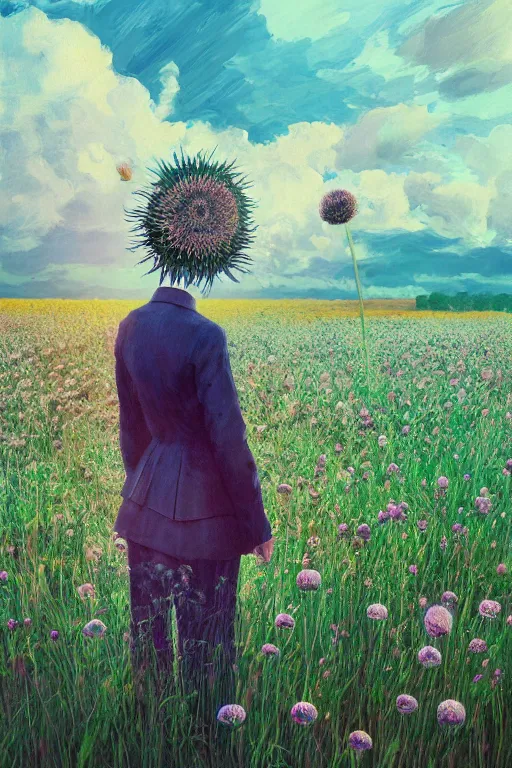 Image similar to portrait, giant thistle flower under head, a girl in a suit in field of flowers, surreal photography, sunrise, blue sky, dramatic light, impressionist painting, digital painting, artstation, simon stalenhag