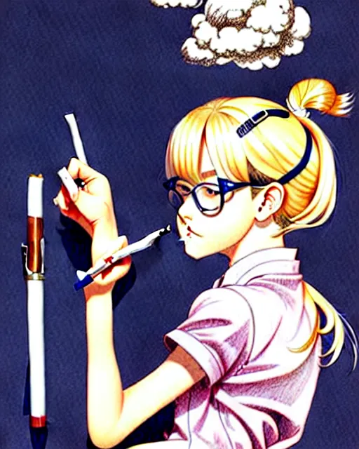 Prompt: depicting a young mischievous female prep school student with medium length bright blonde hair and pale skin, in an old study room smoking her dad's cigarettes, complex artistic color ink pen sketch illustration, subtle detailing, illustrated by Artgerm and Range Murata.