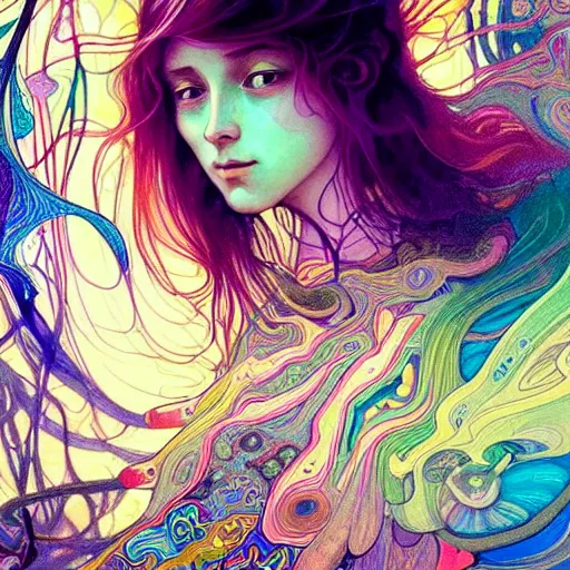 Image similar to A girl having an extremely colorful psychedelic experience, warping time and space, magic mushrooms, psilocybin, LSD, face, detailed, intricate, elegant, highly detailed, digital painting, artstation, concept art, smooth, sharp focus, illustration, art by Krenz Cushart and Artem Demura and alphonse mucha