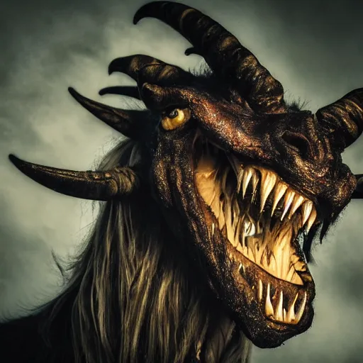 Prompt: horror photography, cinematic, daytime, wide shot, screeching mutant goat monster with a mouth crammed full of sharp teeth, filthy matted fur and massive curled horns