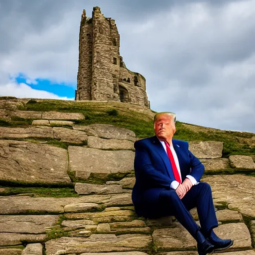 Image similar to donald trump sitting on almscliff crag in leeds england 8k highly detailed photograph, award winning, beautiful lighting, daytime view