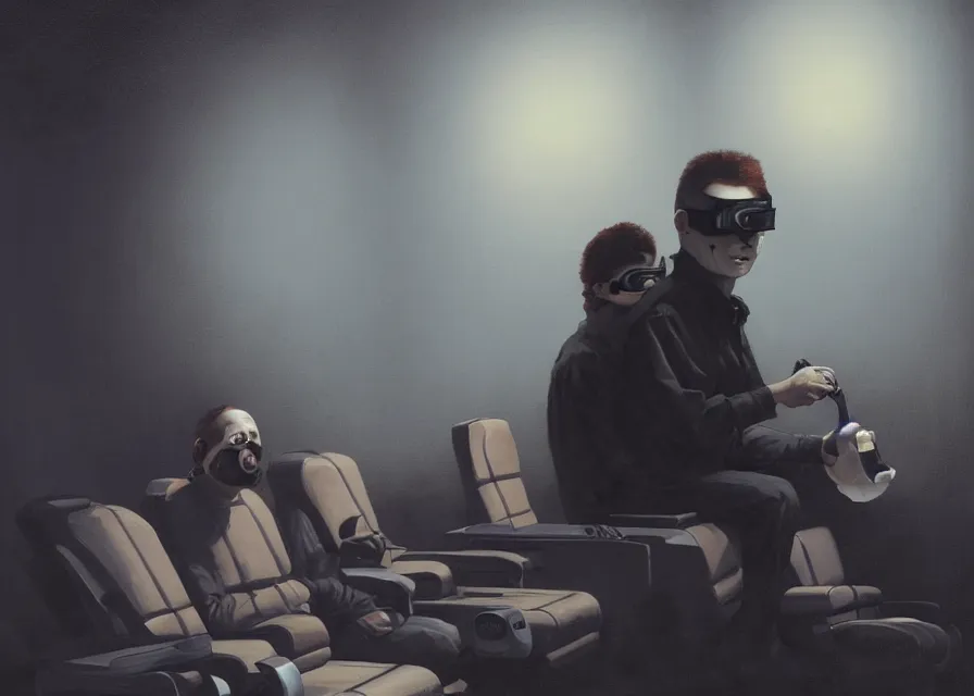 Prompt: painting of Michael Myers wearing 3D goggles sitting in a row of movie theater seats eating popcorn, sharp focus, face focused, trending on ArtStation, masterpiece, by Greg Rutkowski, by Ross Tran, by Fenghua Zhong, octane, soft render, oil on canvas, moody lighting, high contrast, cinematic, professional environmental concept art