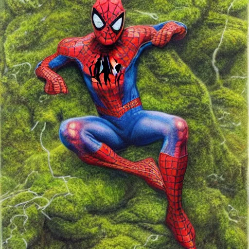 Prompt: beautiful highly detailed painting of spiderman made of moss and wood, with amber eyes, perched on a mossy branch, spider - man by brian froud, jb monge, fantasy, folklore spider - man, very detailed, high quality