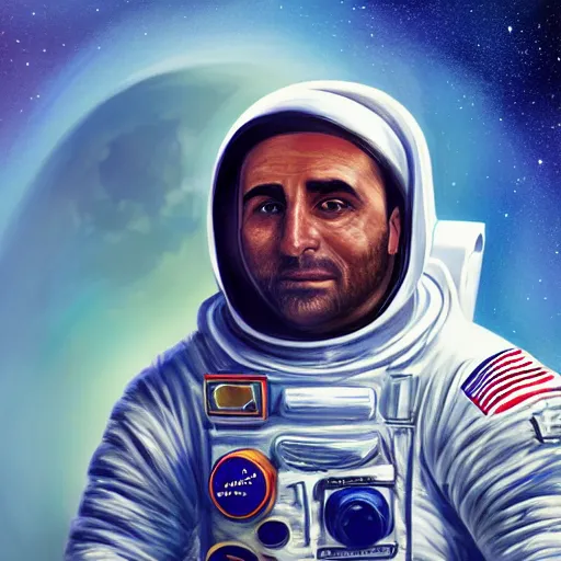 Prompt: first kurdish person on the moon, highly detailed, digital painting, artstation, award winning art, sharp focus