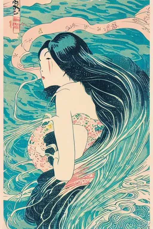 Image similar to Beautiful vintage Japanese poster woman with water as hair flowing down a river, 10% surreal, risograph poster, beautiful colors, deep meaning, Intricate image, moving