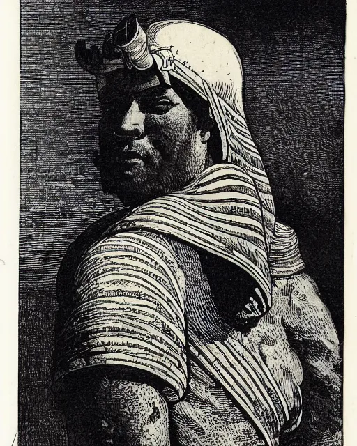 Prompt: 19th century wood-engraving of a Egyptian man named Muhammad Avdol, whole page illustration from Jules Verne book titled Stardust Crusaders, art by Édouard Riou Jules Férat and Henri de Montaut, frontal portrait, high quality, beautiful, highly detailed, removed watermarks