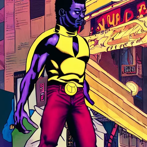 Prompt: afrofuturist man with short hair in a crowded busy street wearing gold jewelry, simple, cyberpunk, far shot, full body shot, 1970s X-Men art style