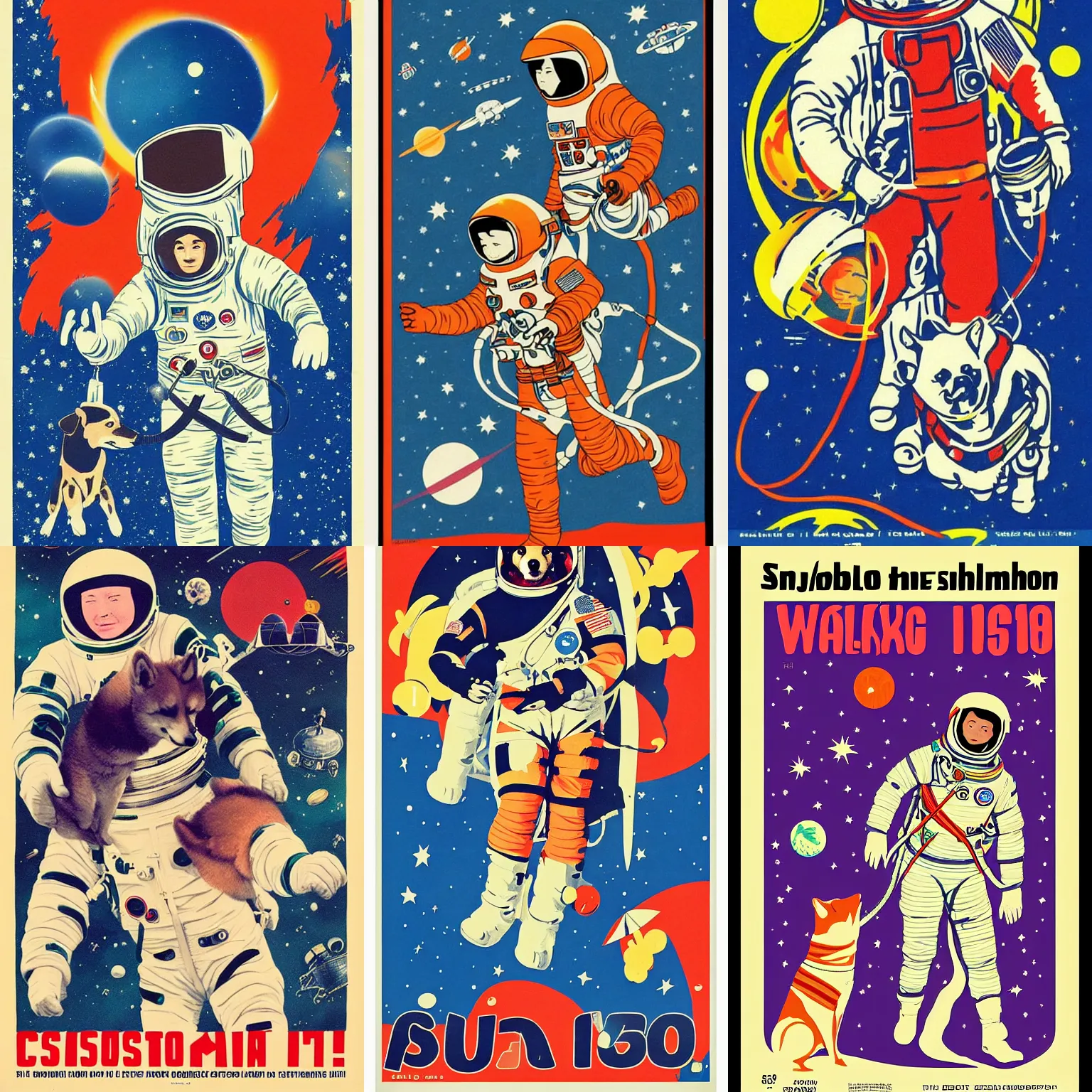 Image similar to cosmonaut, walking Shiba Inu in space , 60s poster, in the style of a music poster 1969