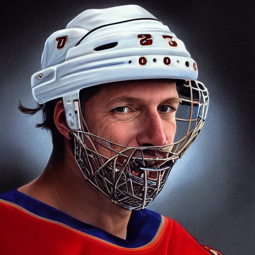 Image similar to beautiful portrait of hockey coach Clint Malarchuk, fantasy, intricate, elegant, highly detailed, digital painting, artstation, concept art, smooth, sharp focus, luxury fashion illustration, art by artgerm and greg rutkowski and alphonse mucha, brightly lit cinematic soft lighting, photorealistic