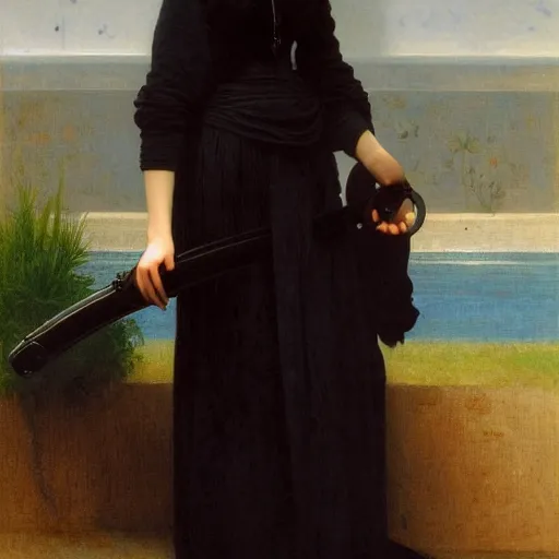 Prompt: A very detailed portrait of Alia Atreides, a girl with glowing blue eyes, wearing a black robe with a burnoose, by William-Adolphe Bouguereau