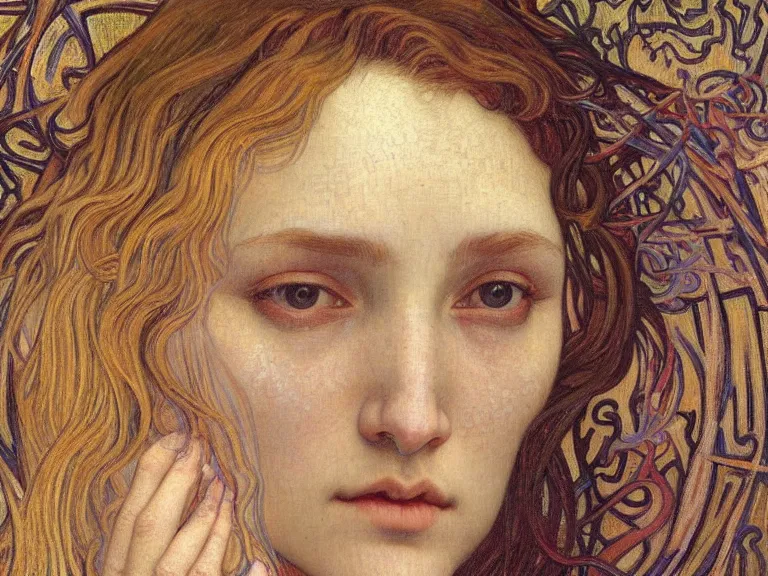 Image similar to detailed realistic beautiful young medieval queen face portrait by jean delville, alphonse mucha, vincent van gogh, and marco mazzoni, art nouveau, symbolist, visionary, gothic, pre - raphaelite