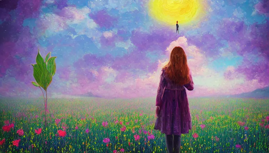 Image similar to girl with a giant flower as a face, surreal photography, dream, standing in flower field, hills, big trees, sunrise dramatic light, impressionist painting, colorful clouds, digital painting, pointillism, artstation, simon stalenhag, flower face