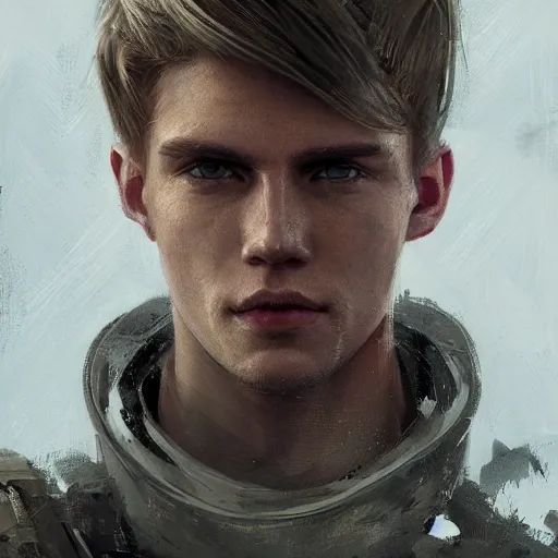 Image similar to Portrait of a man by Greg Rutkowski, he is about 20 years old, norwegian, short blond hair, young, manly, attractive, strong, older brother vibes, he is wearing futuristic military fatigues, highly detailed portrait, scifi, digital painting, artstation, concept art, smooth, sharp foccus ilustration, Artstation HQ