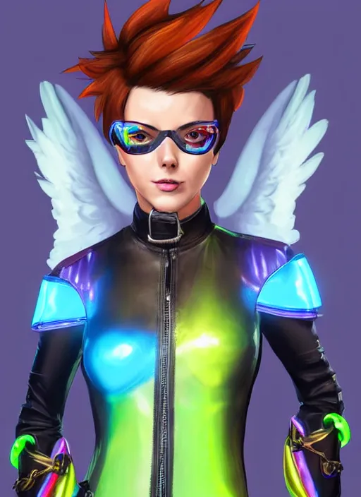 Image similar to portrait bust digital artwork of tracer overwatch, wearing iridescent rainbow latex and leather straps catsuit outfit, neon makeup, in style of mark arian, angel wings, wearing detailed leather collar, chains, black leather harness, detailed face and eyes,
