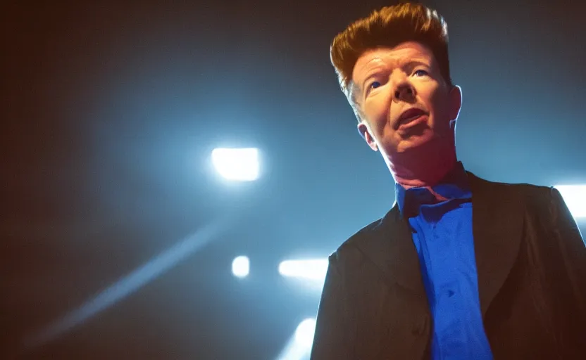 Prompt: photo of rick astley giving up, dramatic blue dark lighting, ultra detailed, movie frame, cinematical composition, 4 k, dad