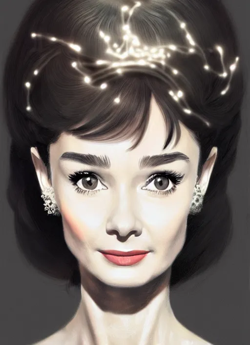 Image similar to portrait of audrey hepburn with bangs, 1 9 6 0 s, long hair, white hairband, bangs, intricate, elegant, glowing lights, highly detailed, digital painting, artstation, concept art, smooth, sharp focus, illustration, art by wlop, mars ravelo and greg rutkowski