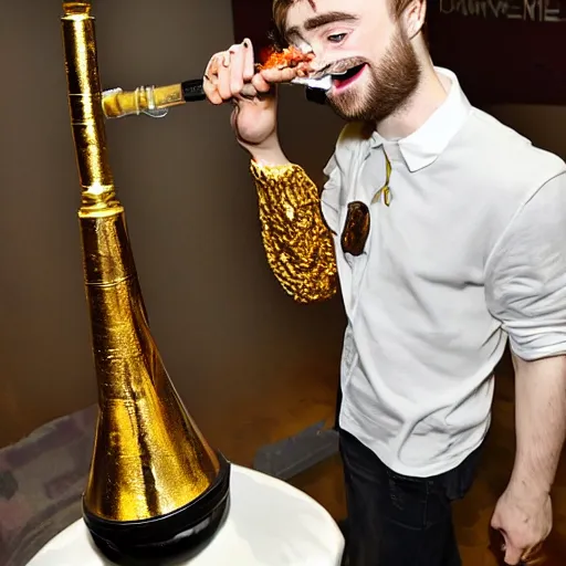 Image similar to daniel radcliffe exhaling a large puff of smoke from his custom gold laced bong