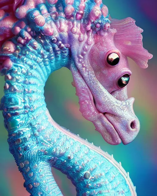 Image similar to natural light, soft focus portrait of a cyberpunk anthropomorphic seahorse with soft synthetic pink skin, blue bioluminescent plastics, smooth shiny metal, elaborate ornate head piece, piercings, skin textures, by annie leibovitz, paul lehr