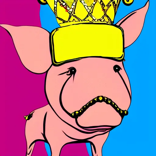 Image similar to illustration pig wearing a simple gold crown in the style of peter max