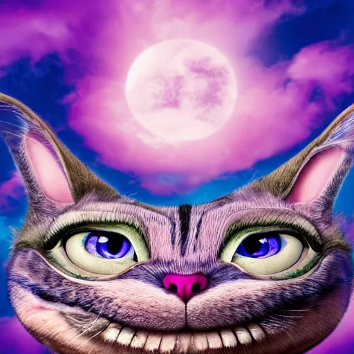 Image similar to the Cheshire cat smiling from a cloud he's sitting on in the sky high level of detail 8k style of LUKE BROWN