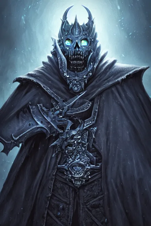 Prompt: an undead lich king, wide angle, super highly detailed, professional digital painting, artstation, concept art, smooth, sharp focus, no blur, no dof, extreme illustration, Unreal Engine 5, Photorealism, HD quality, 8k resolution, cinema 4d, 3D, beautiful, cinematic, art by artgerm and greg rutkowski and alphonse mucha and loish and WLOP