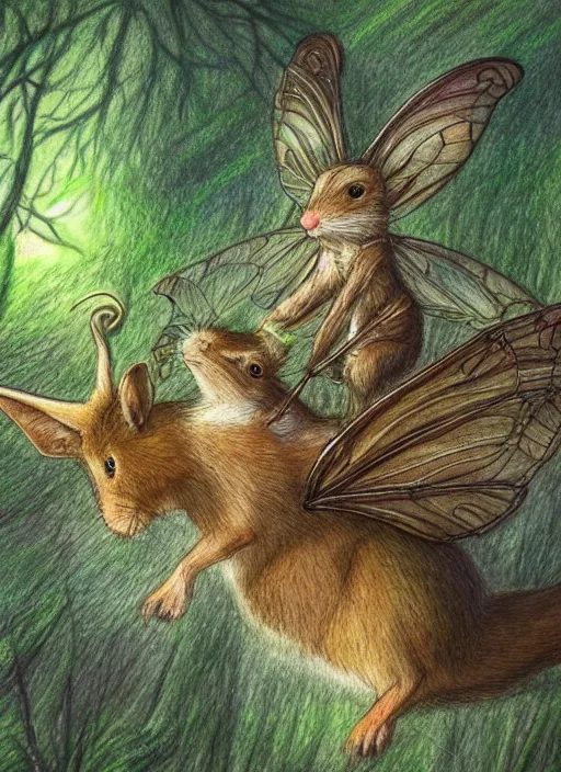 Prompt: detailed coloured pencil drawing of a faerie riding a dormouse in a forest glade, transparent wings, d & d, highly detailed, concept art, dramatic lighting