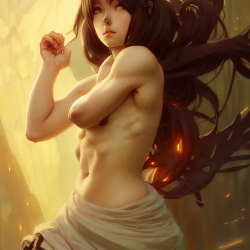 Image similar to anime girl, muscular upper body, D&D, fantasy, intricate, elegant, highly detailed, digital painting, artstation, concept art, smooth, sharp focus, illustration, art by artgerm and greg rutkowski and alphonse mucha