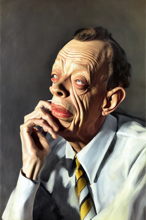 Image similar to portrait of don knotts sitting with full face full figure, in the style of expressionism, soft light, volumetric light, subsurface scattering, translucent skin, artstation, trending, andrew wyeth, jamie wyeth, john singer sargent,