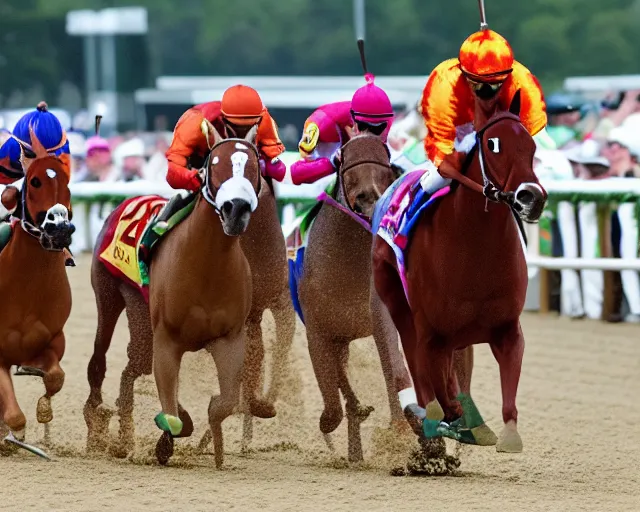 Prompt: Ponyta wining the Kentucky Derby in a photo finish