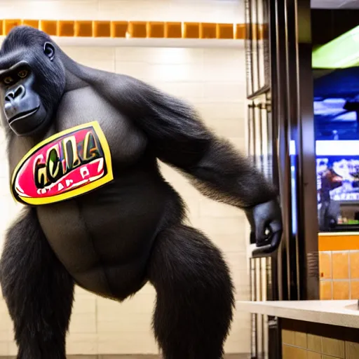 Image similar to high quality photo of a big gorilla working at a fast food restaurant