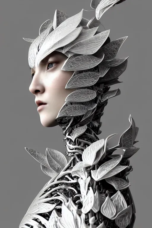 Prompt: monochrome close - up profile face, black background, beautiful young porcelain bio - mechanical vegetal - dragon - cyborg - female, white metallic armour, silver gold details, magnolia leaves and stems, roots, mandelbot fractal, 1 5 0 mm, beautiful natural soft rim light, elegant, hyper real, ultra detailed, octane render, 1 6 k