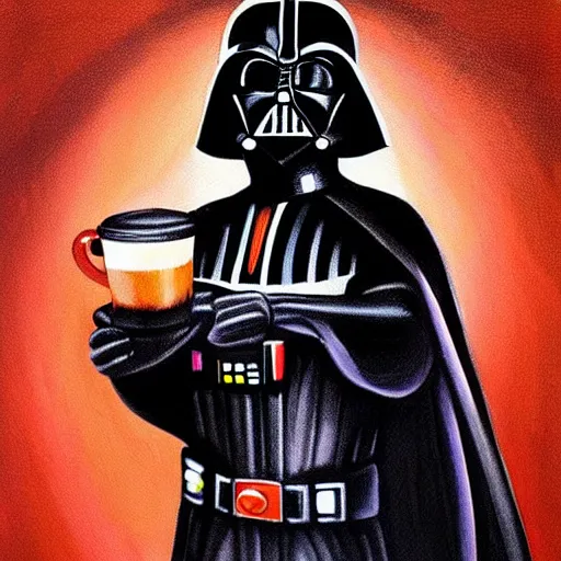 Prompt: painting in style of darth vader, very young, dark angel of coffee, the extremely hot and sexy, shiny black dress, long red hair, freckles, orange halo around her head, black wings, huge cup of coffee