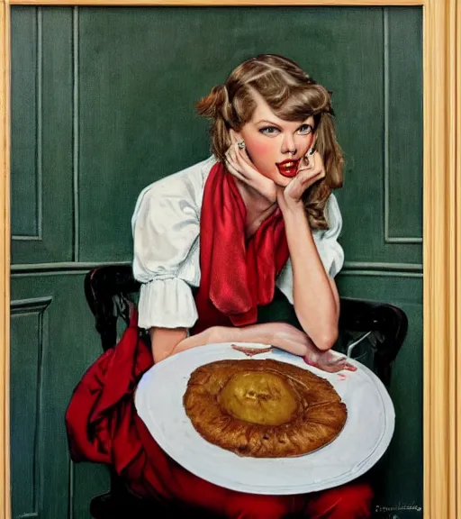 Image similar to taylor swift as a housewife hiding a dark secret, norman rockwell painting, detailed