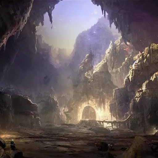 Prompt: a painting of a group of ships in a cave, a detailed matte painting by Stephan Martinière, Artstation contest winner, fantasy art, concept art, #vfxfriday
