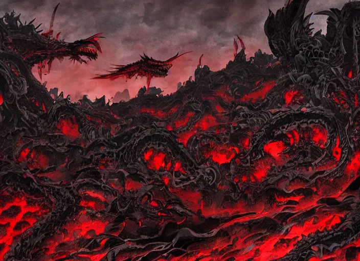 Image similar to a landscape of the hell by takeshi obata and mike mignola, hell, dragons, red and black colors, colors, abandoned buildings, trees with faces, night sky, highly detailed, cgsociety, artstation, very detailed