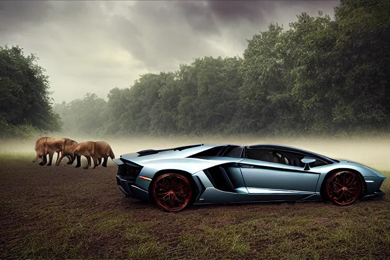 Prompt: a landscape photograph of a lamborghini aventador being chased by a pack of lions through a vast serene landscape on a rainy day, river, trees, beautiful lighting, by lee madgwick