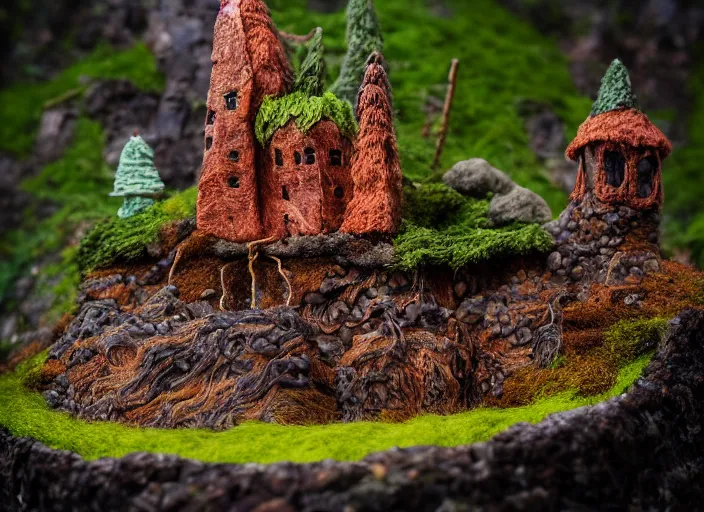 Image similar to high - res photograph of a felt and copper wire sculpture diorama with fantasy castles, highly detailed sculpey diorama, forest setting in iceland, waterfall backdrop, realistic materials, wood, felt, cloth, burlap, copper wire, hot glue, smooth, sharp foccus, commercial product photography,