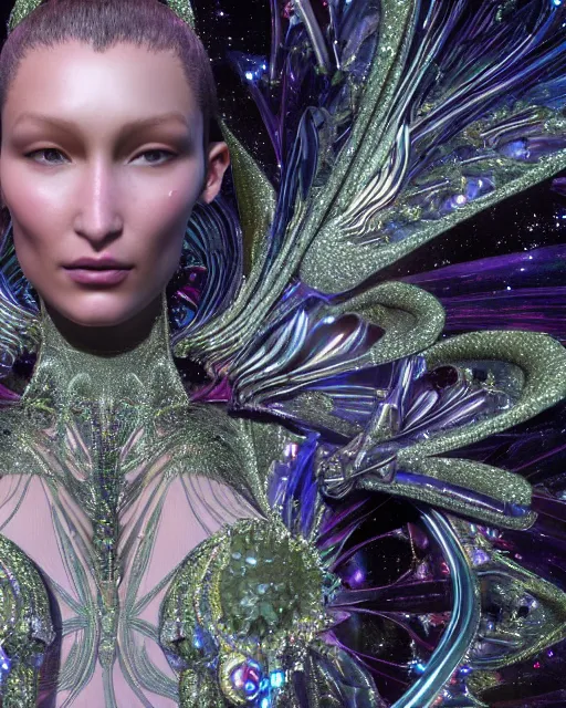 Image similar to a highly detailed metahuman 4 k close up render of an alien goddess bella hadid monument dragonfly in iris van herpen dress schiaparelli in diamonds crystals swarovski and jewelry iridescent in style of alphonse mucha gustav klimt trending on artstation made in unreal engine 4