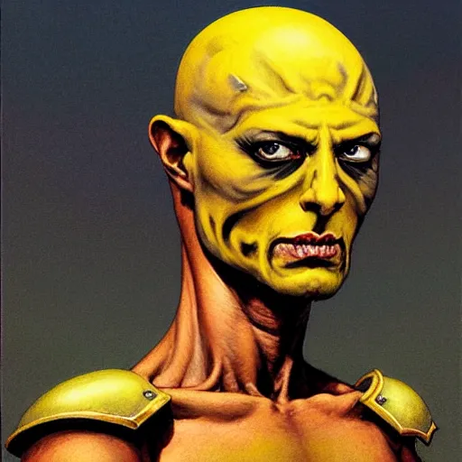 Prompt: ( ( ( head and shoulders portrait of a gaunt noseless yellow - skinned bald githyanki warrior in a breastplate, wielding a magical silver greatsword ) ) ), greg rutkowski, frank frazetta, alexandre chaudret, boris vallejo, michael whelan, miro petrov, magali villeneuve, donato giancola, d & d
