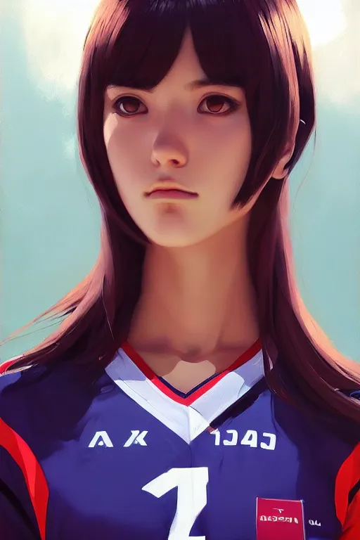 Prompt: a ultradetailed beautiful panting of a stylish woman wearing a volleyball jersey, oil painting, by ilya kuvshinov, greg rutkowski and makoto shinkai